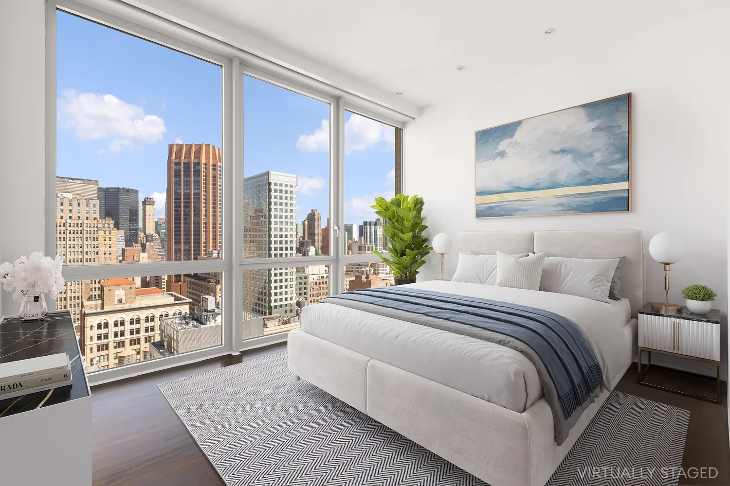 a spacious bedroom with a bed and glass door