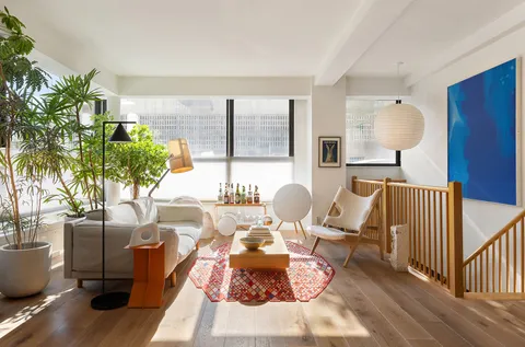 a living room with furniture and a potted plant