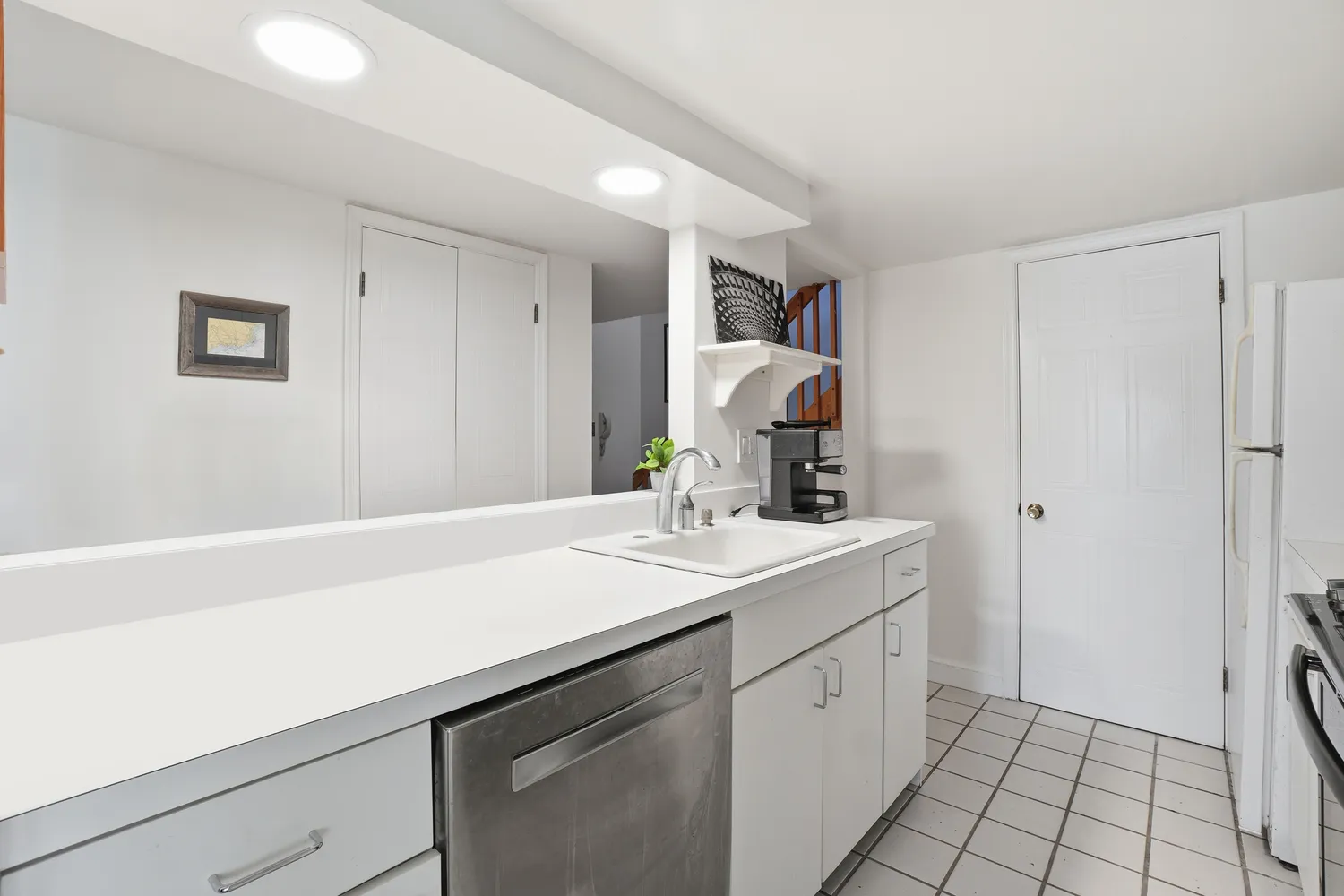 a utility room with a sink a cabinetry and a potted plant