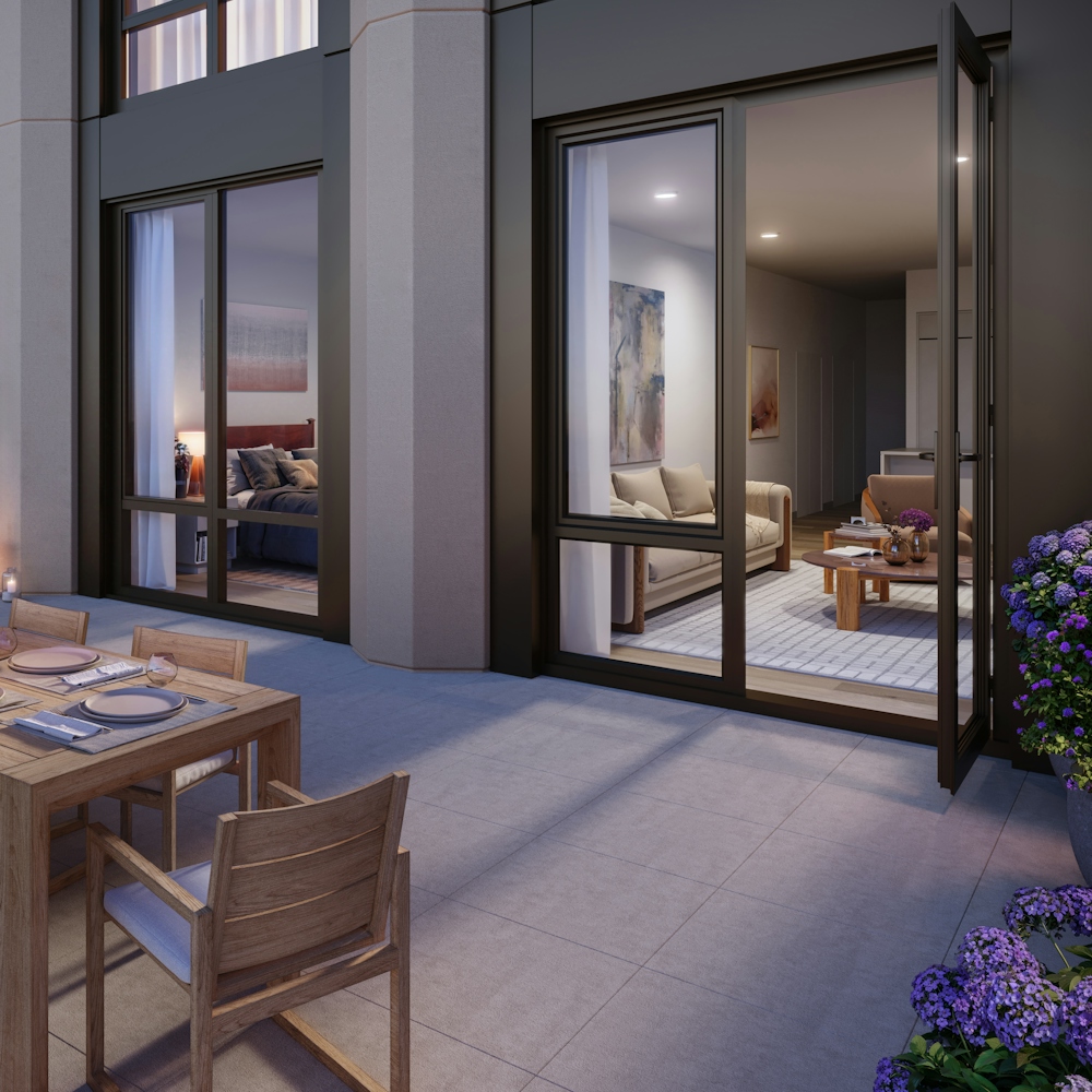 a living room with furniture and a table