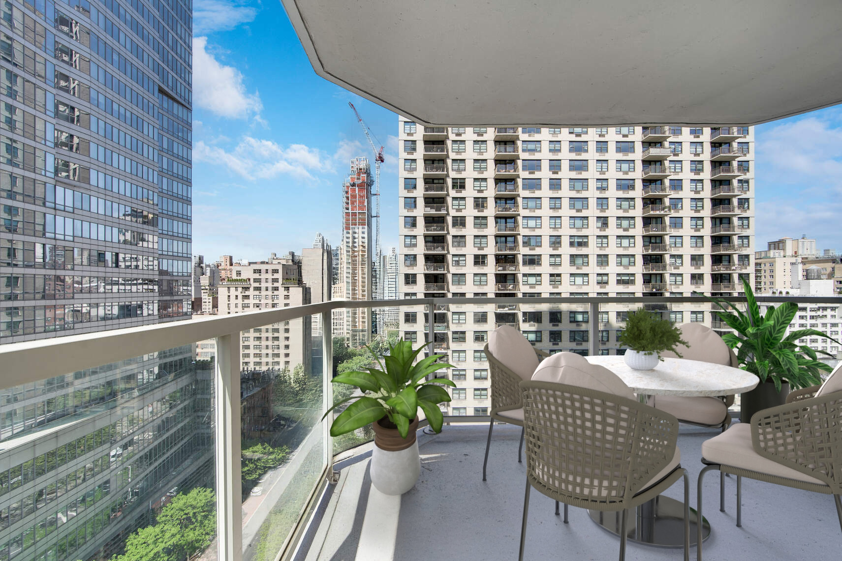 300 East 74th Street, Unit 14F Manhattan, NY 10021 - Photo 12 of 13 a balcony with table and chairs and potted plants