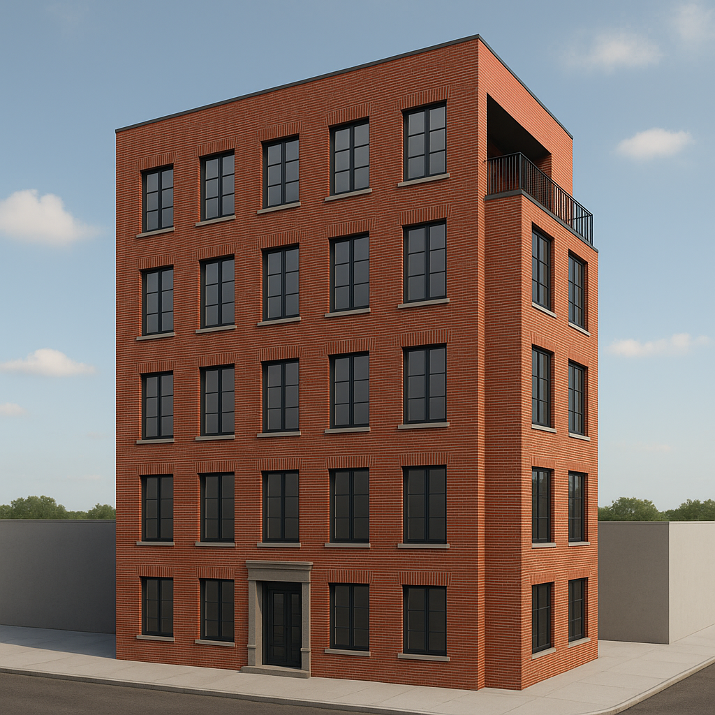 a front view of a building with glass windows