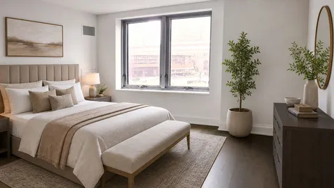 a bedroom with a bed and a potted plant