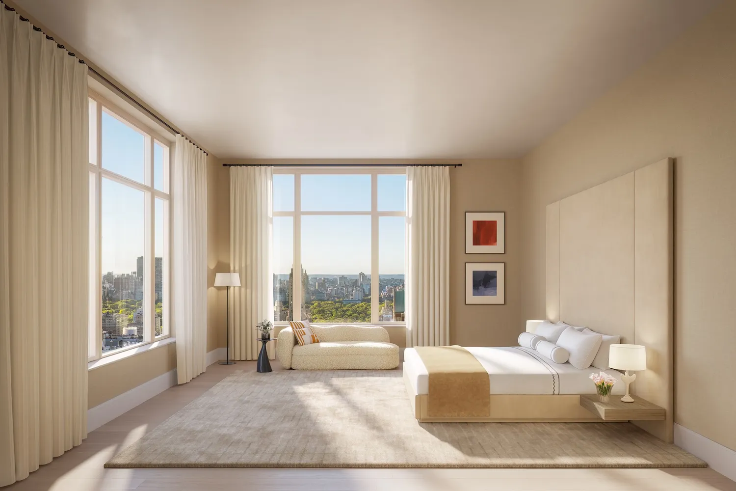 a living room with furniture and large windows