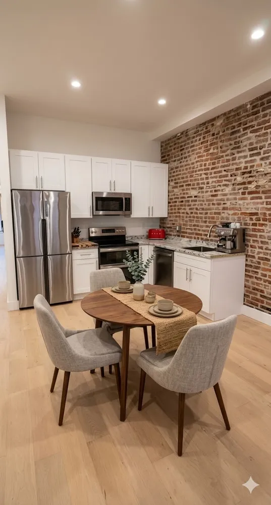 a kitchen with a table chairs refrigerator and microwave