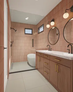 a bathroom with a double vanity sink mirror and shower