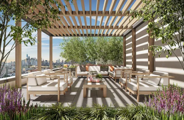 a picture of city view with outdoor seating and plants