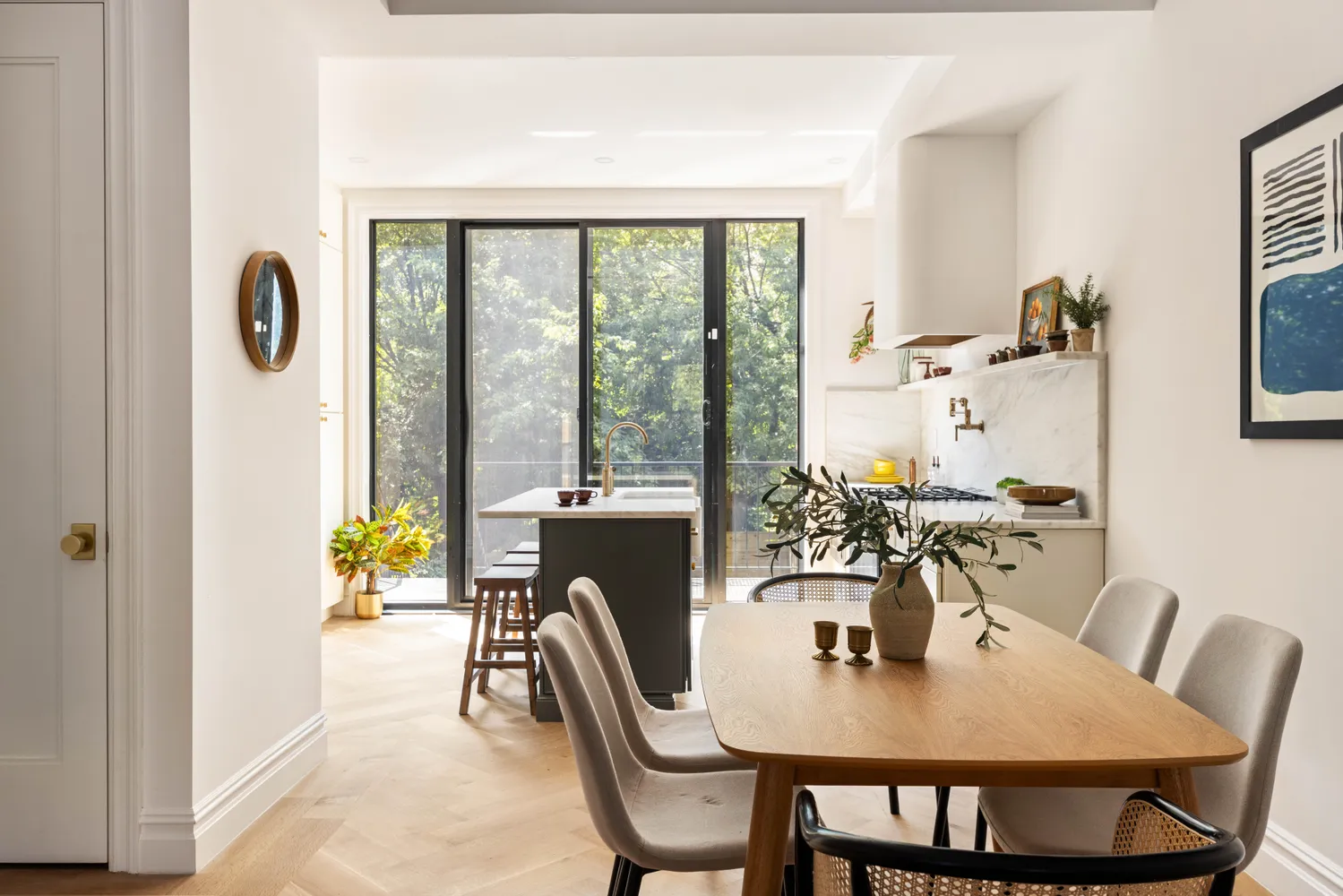 a view of a dining room with furniture window and outside view