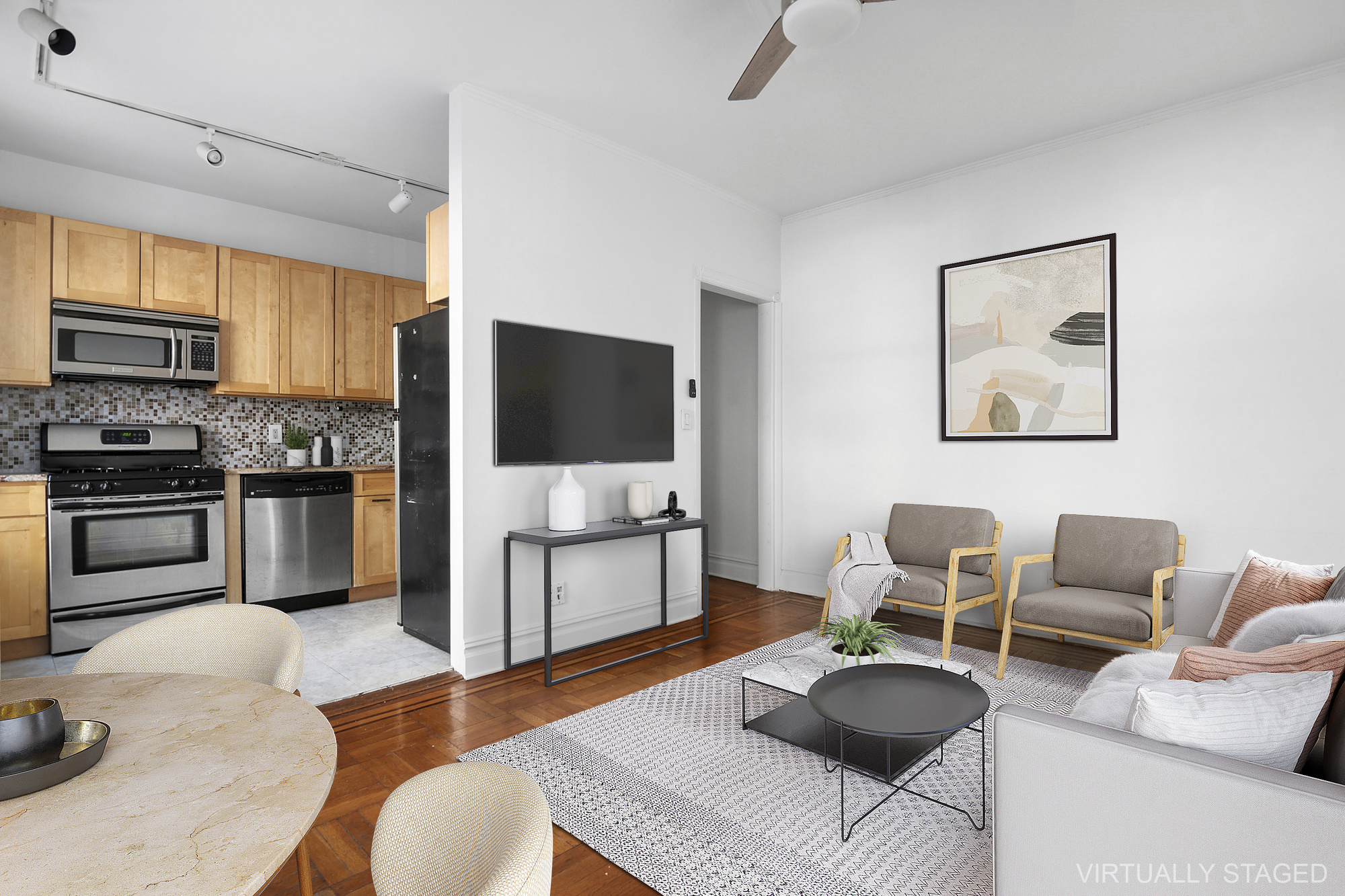 264 6th Avenue, Unit 1C Brooklyn, NY 11215 - Photo 3 of 11 a living room with furniture kitchen view and a flat screen tv