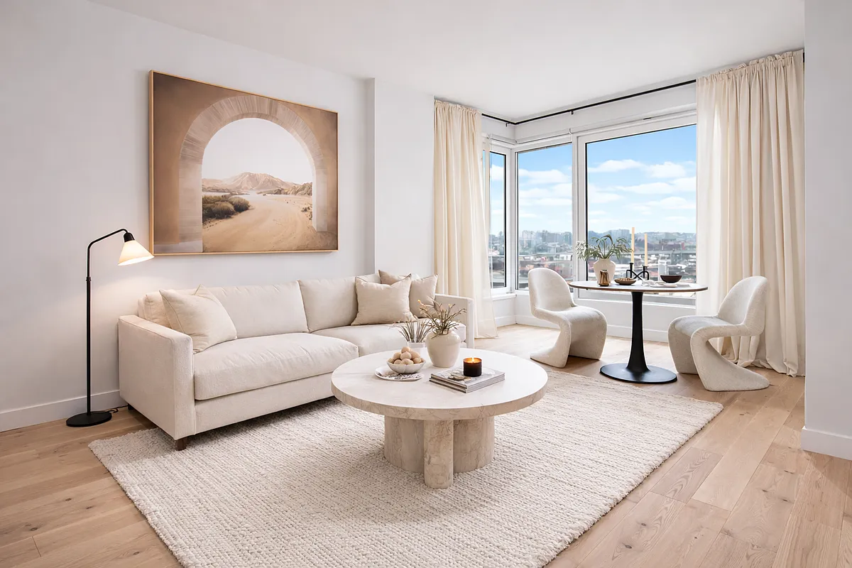 a living room with furniture and a large window