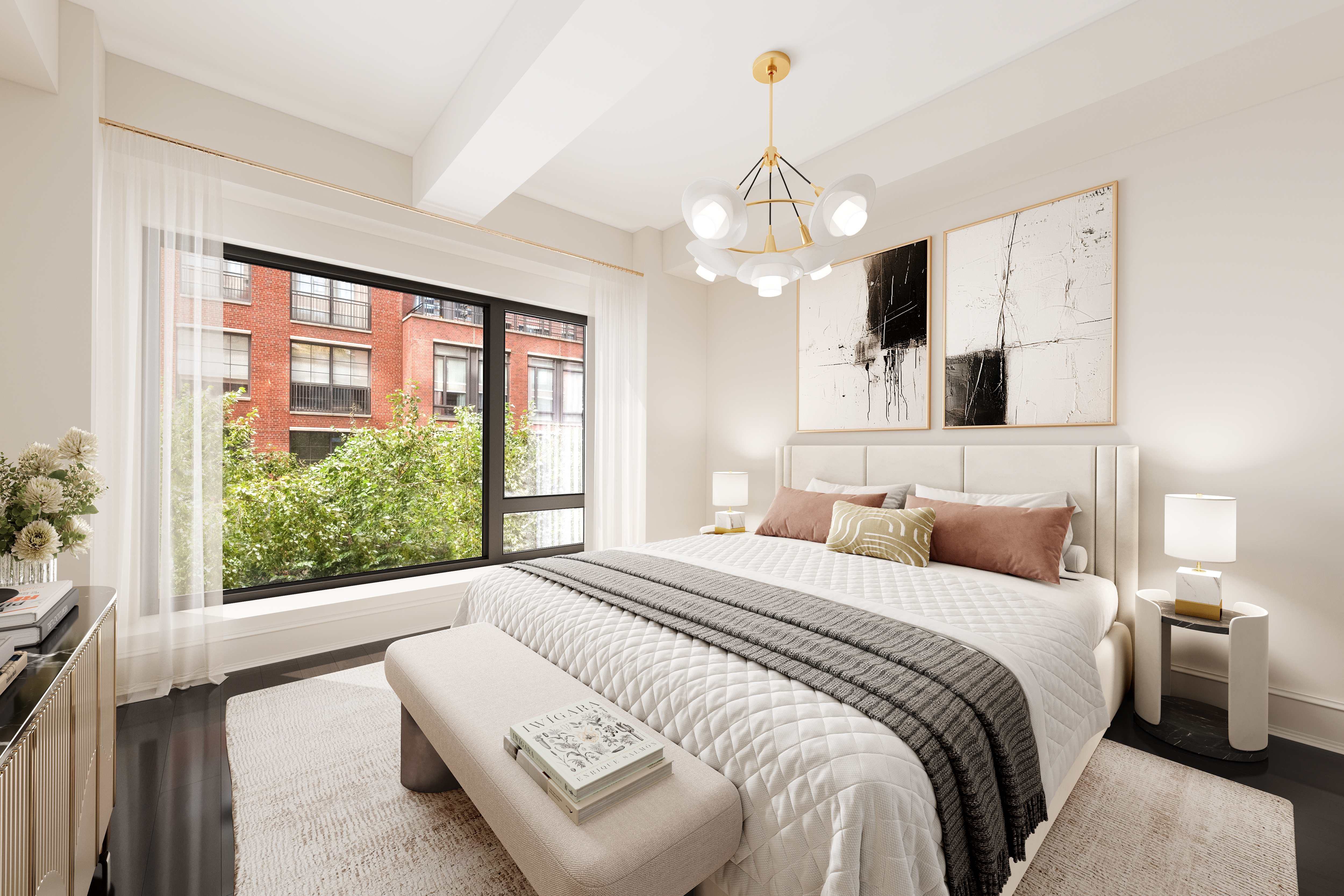 150 West 12th Street, Unit 3WEST Manhattan, NY 10011 - Photo 9 of 39 a bedroom with a large bed and a chandelier