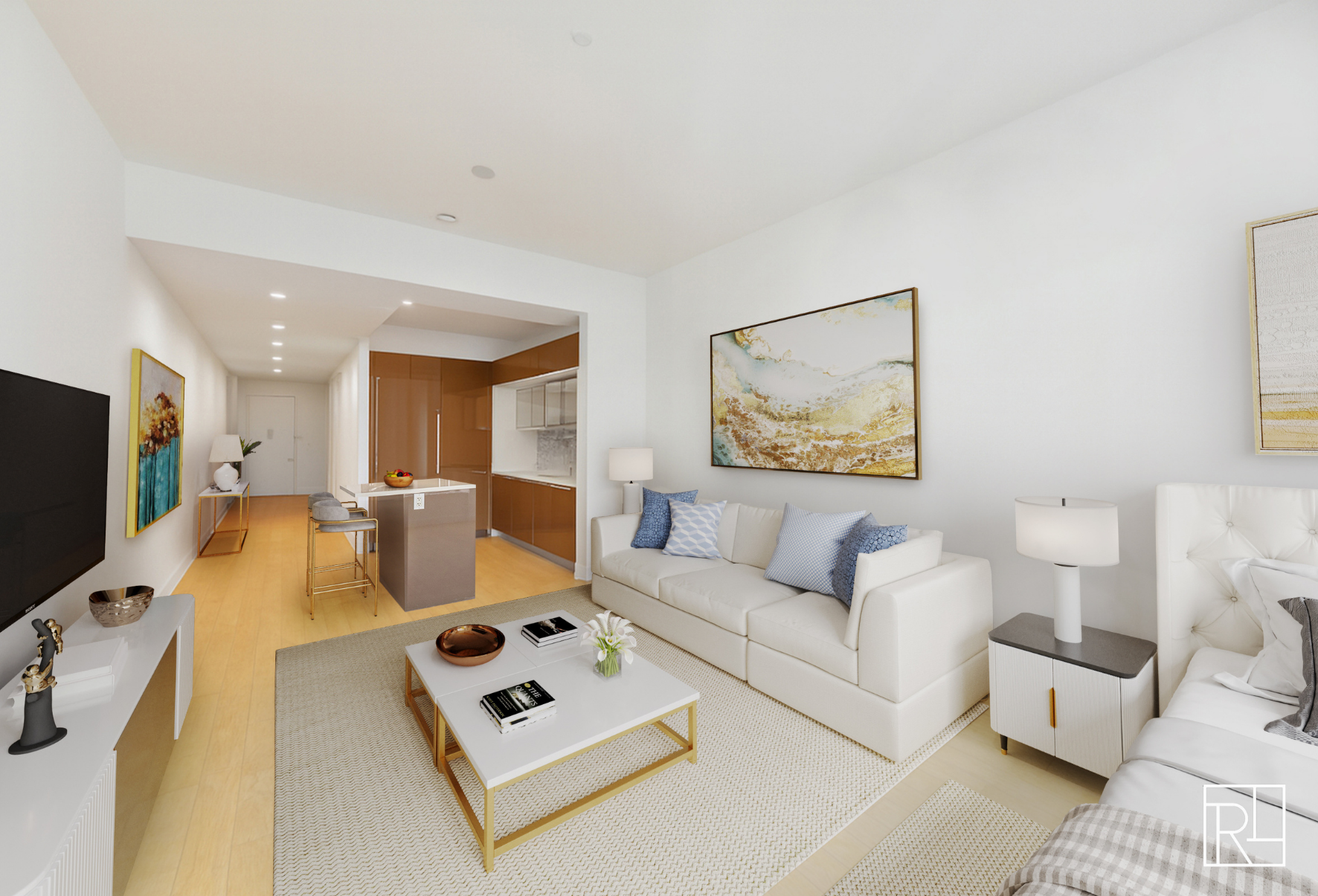 75 Wall Street, Unit 28D Manhattan, NY 10005 - Photo 2 of 35 a living room with furniture and a flat screen tv