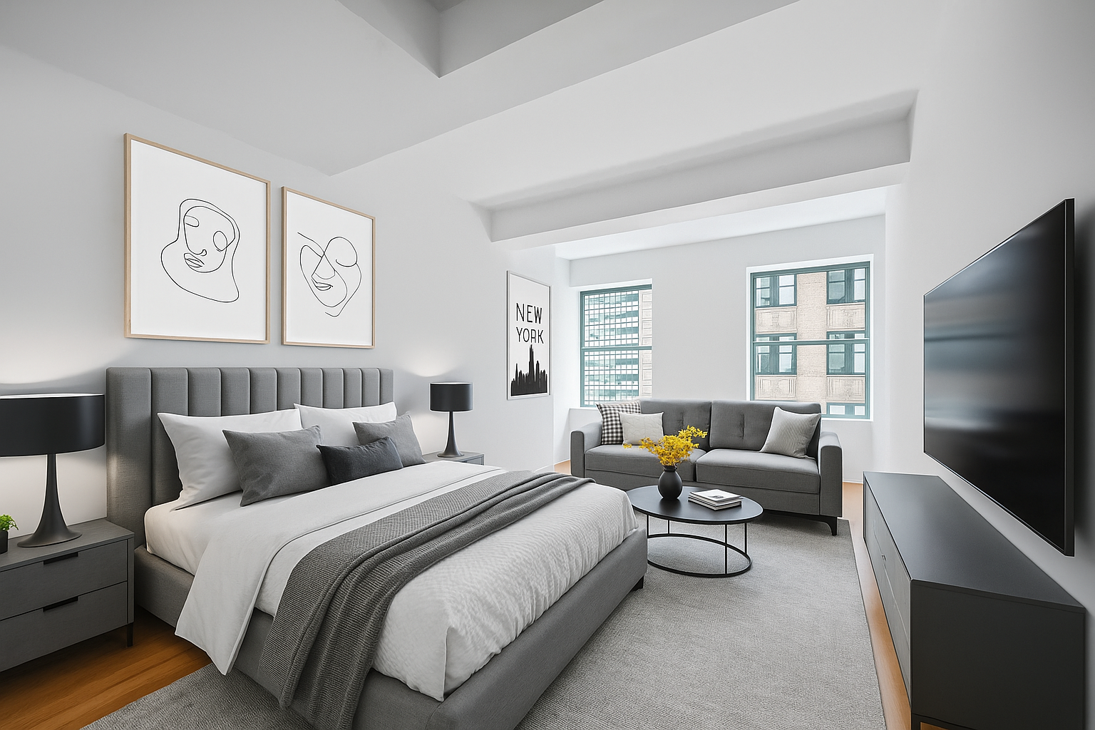 99 John Street, Unit 920 Manhattan, NY 10038 - Photo 1 of 18 a spacious bedroom with a bed and glass window