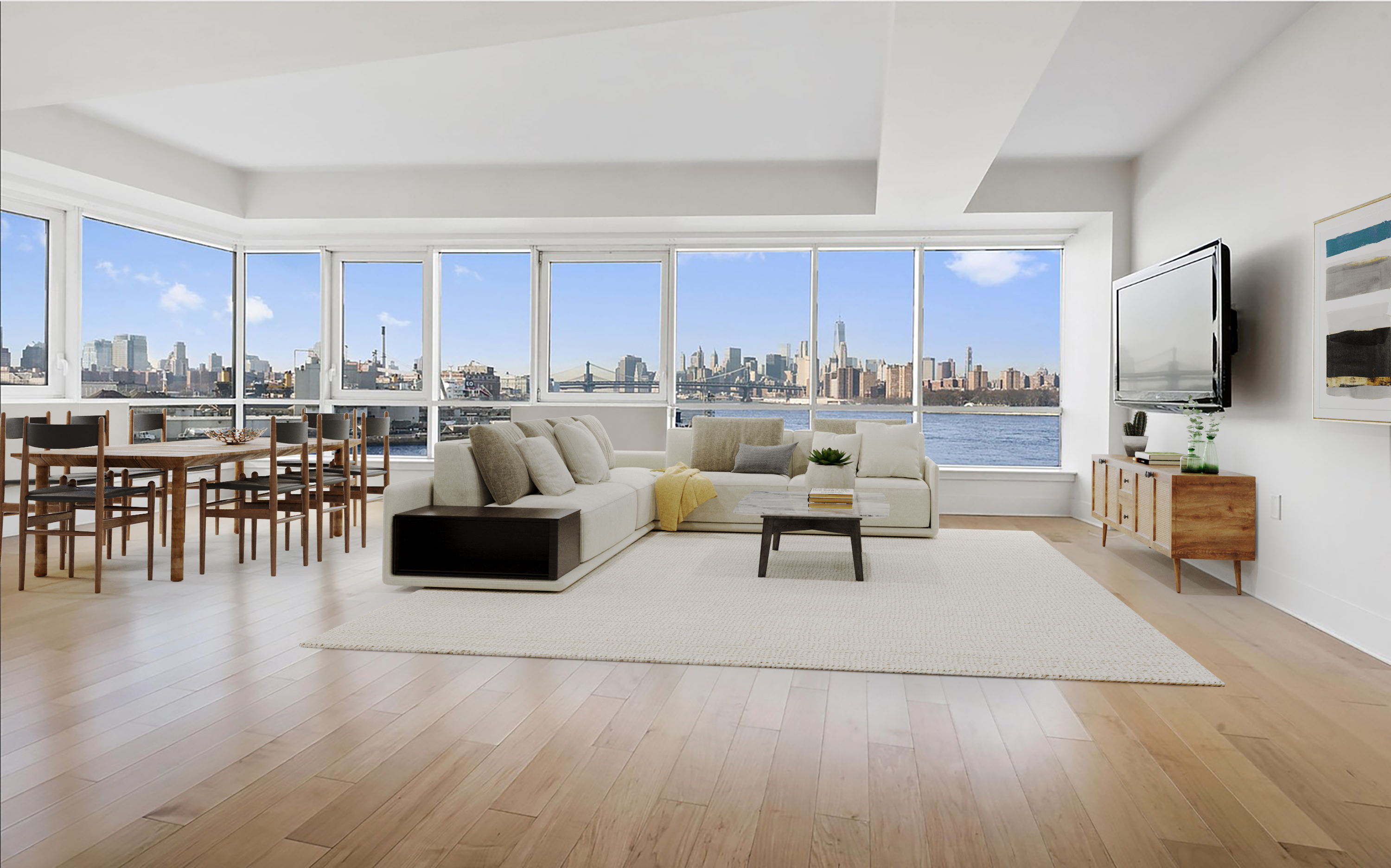 440 Kent Avenue, Unit 4A Brooklyn, NY 11249 - Photo 1 of 11 a living room with furniture and a flat screen tv