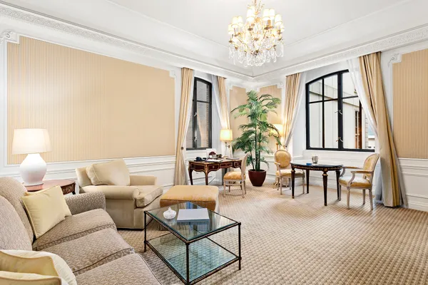 a living room with furniture a fireplace and large windows