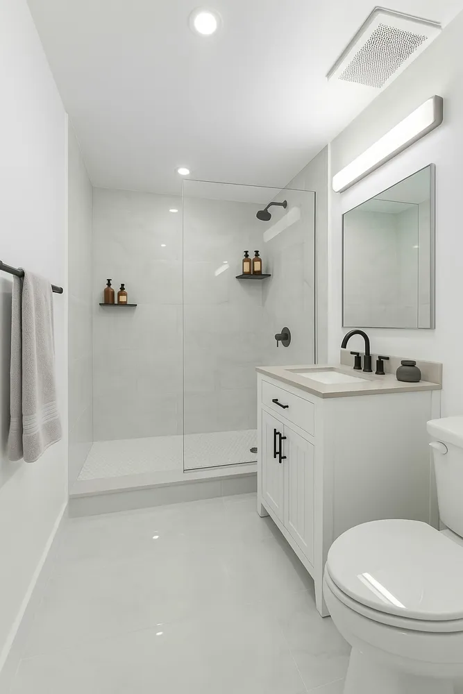 a bathroom with a toilet a sink a mirror and shower