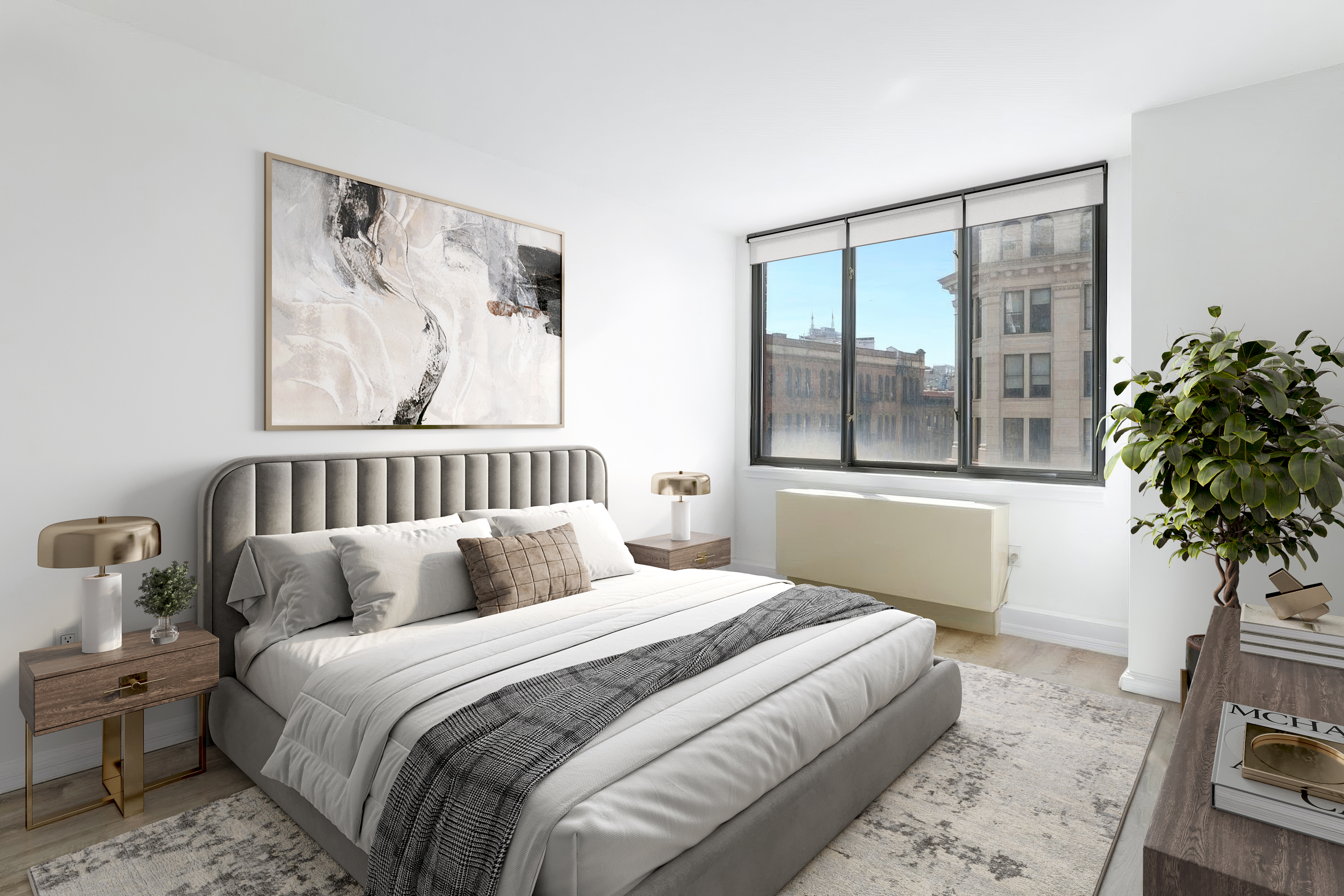199 Bowery, Unit 5A Manhattan, NY 10002 - Photo 2 of 6 a bedroom with a large bed and a potted plant