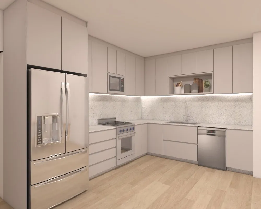 a white refrigerator freezer and a stove sitting inside of a kitchen with cabinets