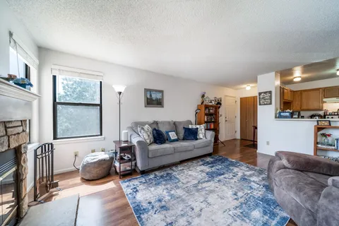 a living room with furniture and a view of kitchen