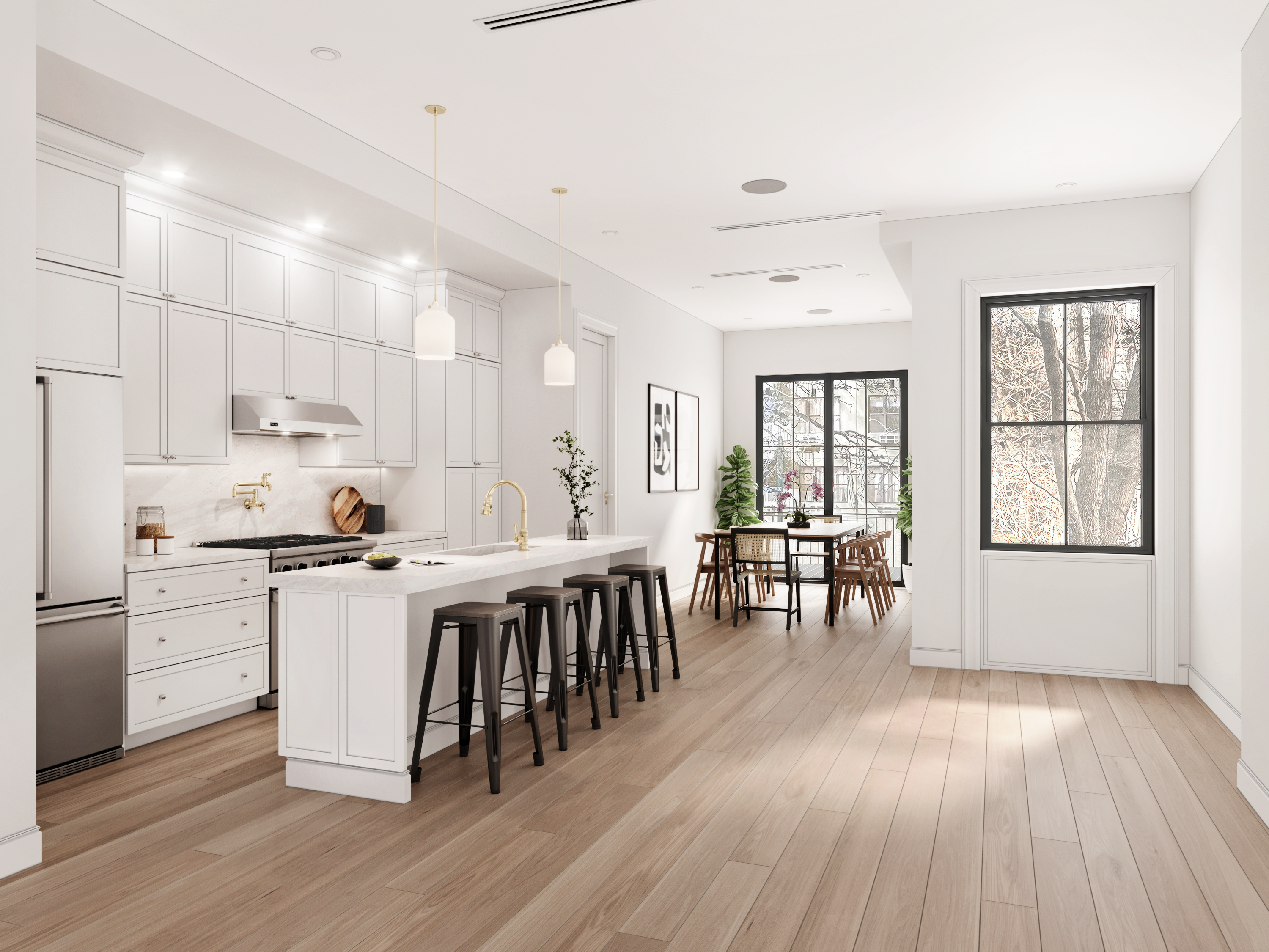 703 Park Place Brooklyn, NY 11216 - Photo 3 of 8 a kitchen with a dining table chairs wooden floor cabinets and stainless steel appliances