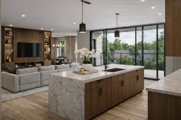 a kitchen with stainless steel appliances granite countertop a sink a stove and a wooden floors