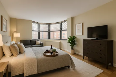 a bedroom with a bed and flat screen tv