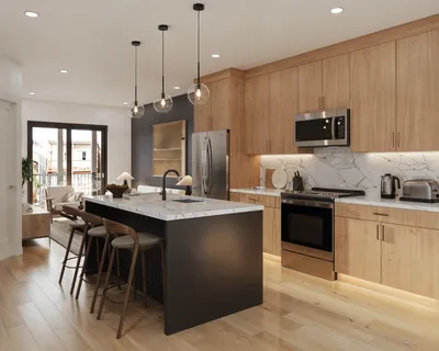 a kitchen with stainless steel appliances granite countertop a sink a stove a refrigerator and island