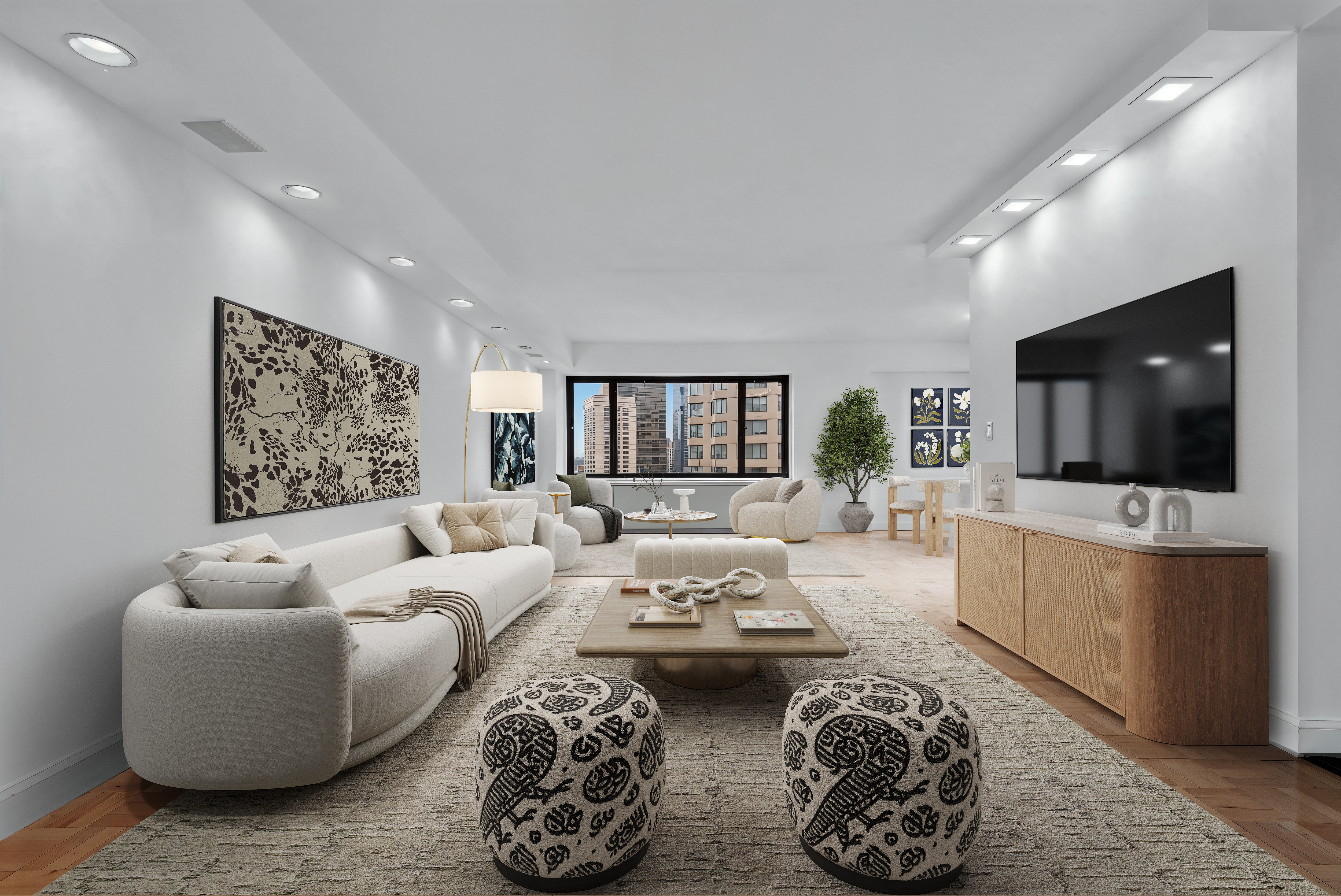 20 West 64th Street, Unit 20K Manhattan, NY 10023 - Photo 4 of 17 a living room with furniture and a flat screen tv