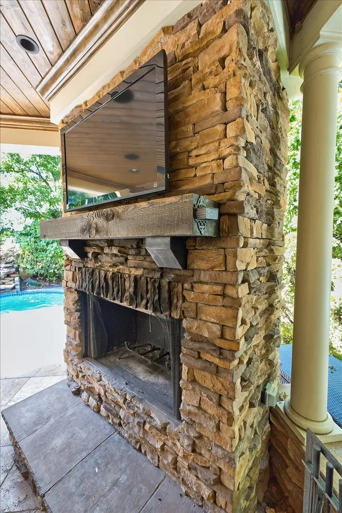 a view of a fireplace with a door