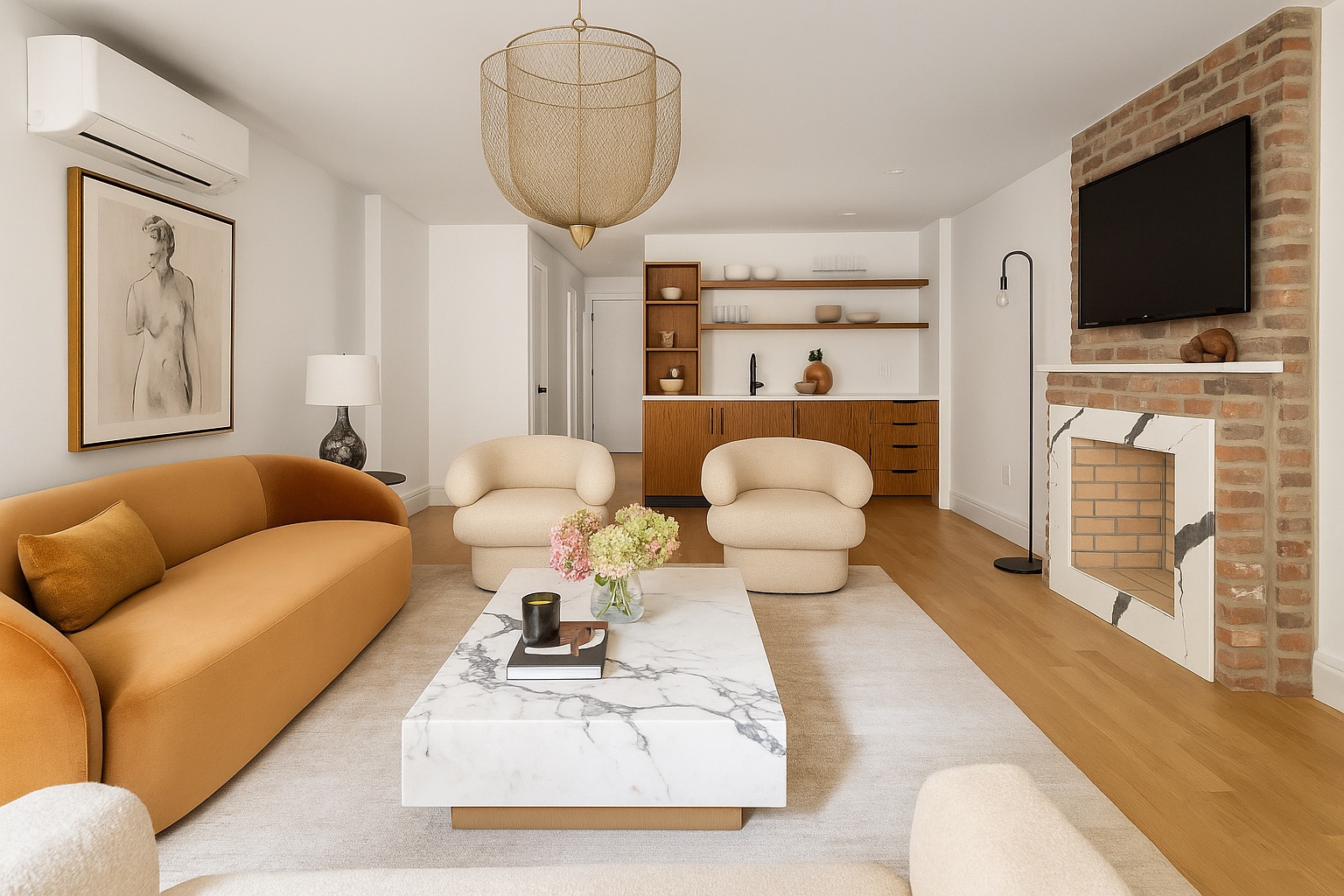 a living room with furniture a flat screen tv and kitchen view