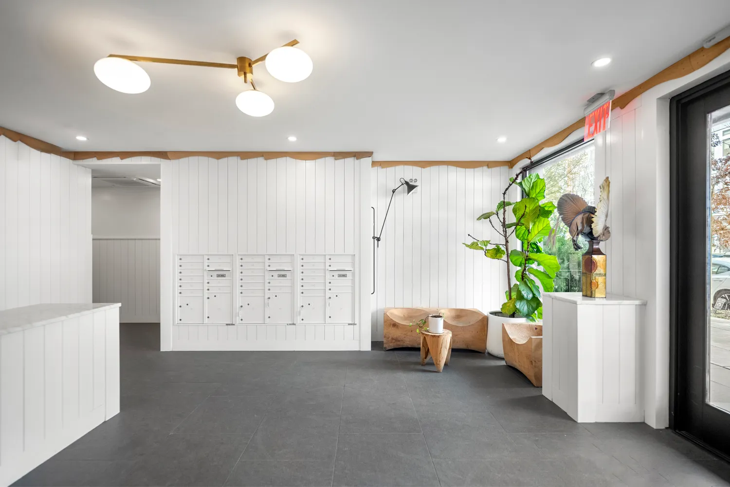 a living room with furniture and a potted plant