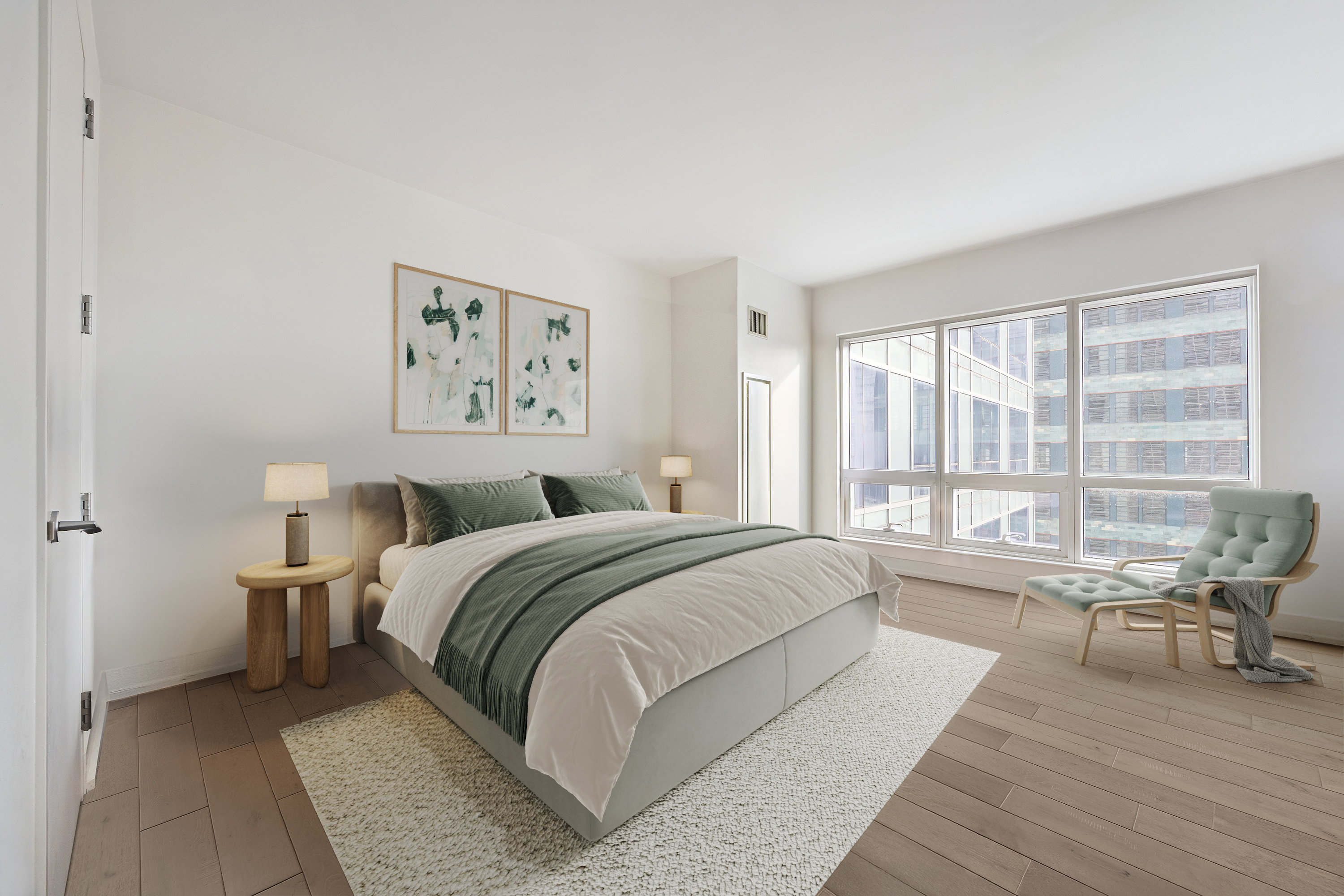 350 West 42nd Street, Unit 37G Manhattan, NY 10036 - Photo 9 of 14 a bed room with a bed and a large window