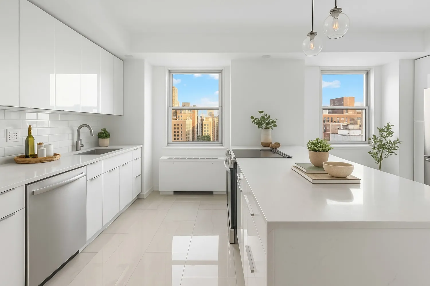a kitchen with a sink a stove cabinets and counter space