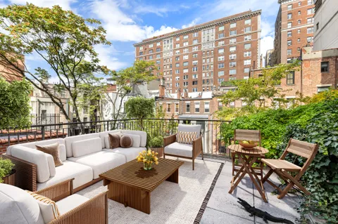 a roof deck with couches and potted plants
