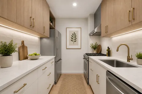 a kitchen with stainless steel appliances a sink a stove and cabinets