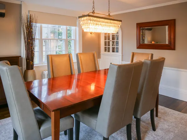 a view of a dining room with furniture and window