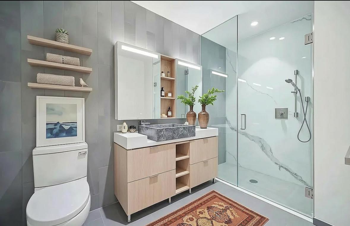 160 Water Street, Unit 3M Manhattan, NY 10038 - Photo 9 of 21 a bathroom with a granite countertop sink a toilet and shower