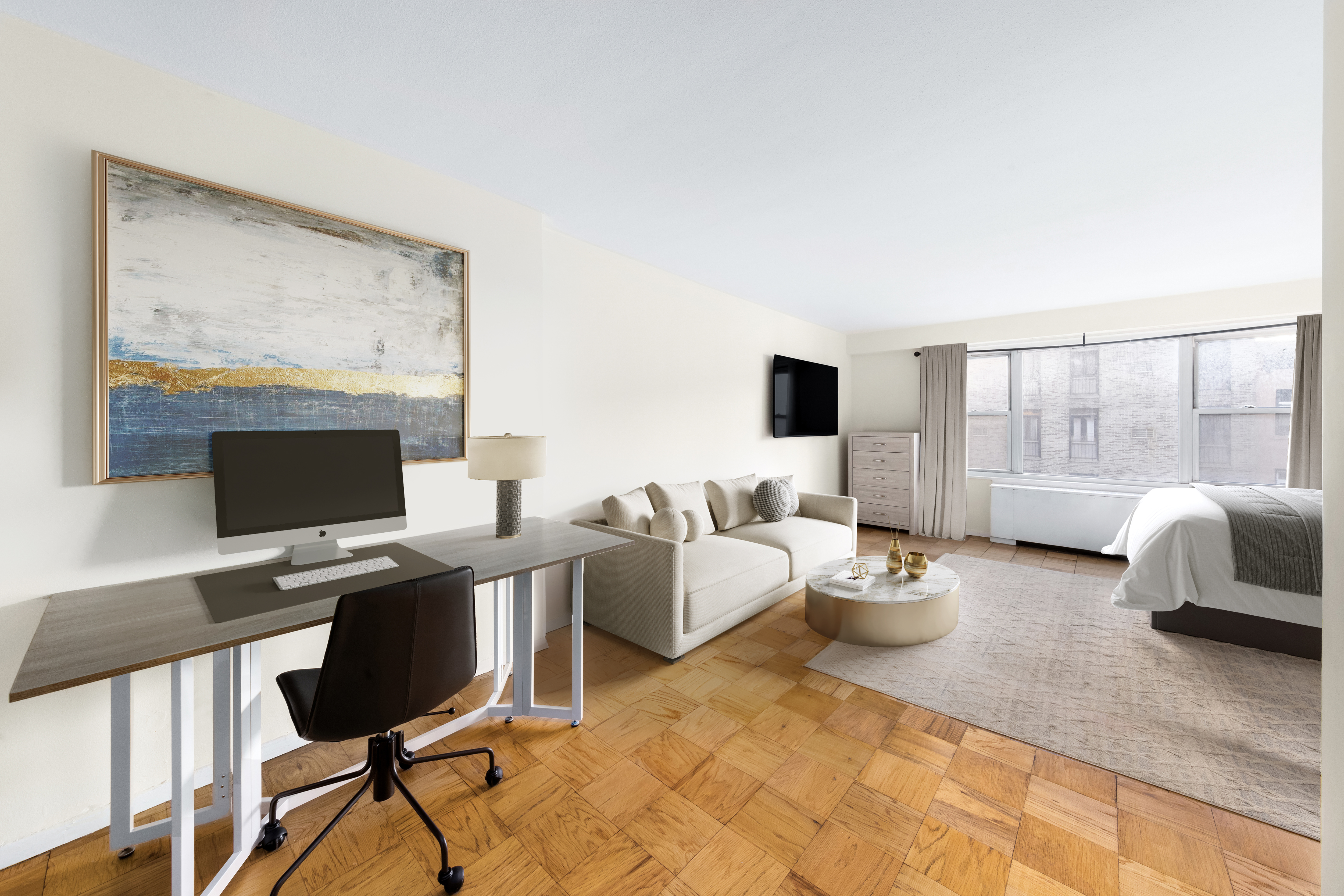 220 East 60th Street, Unit 6A Manhattan, NY 10022 - Photo 2 of 5 a living room with furniture and a flat screen tv