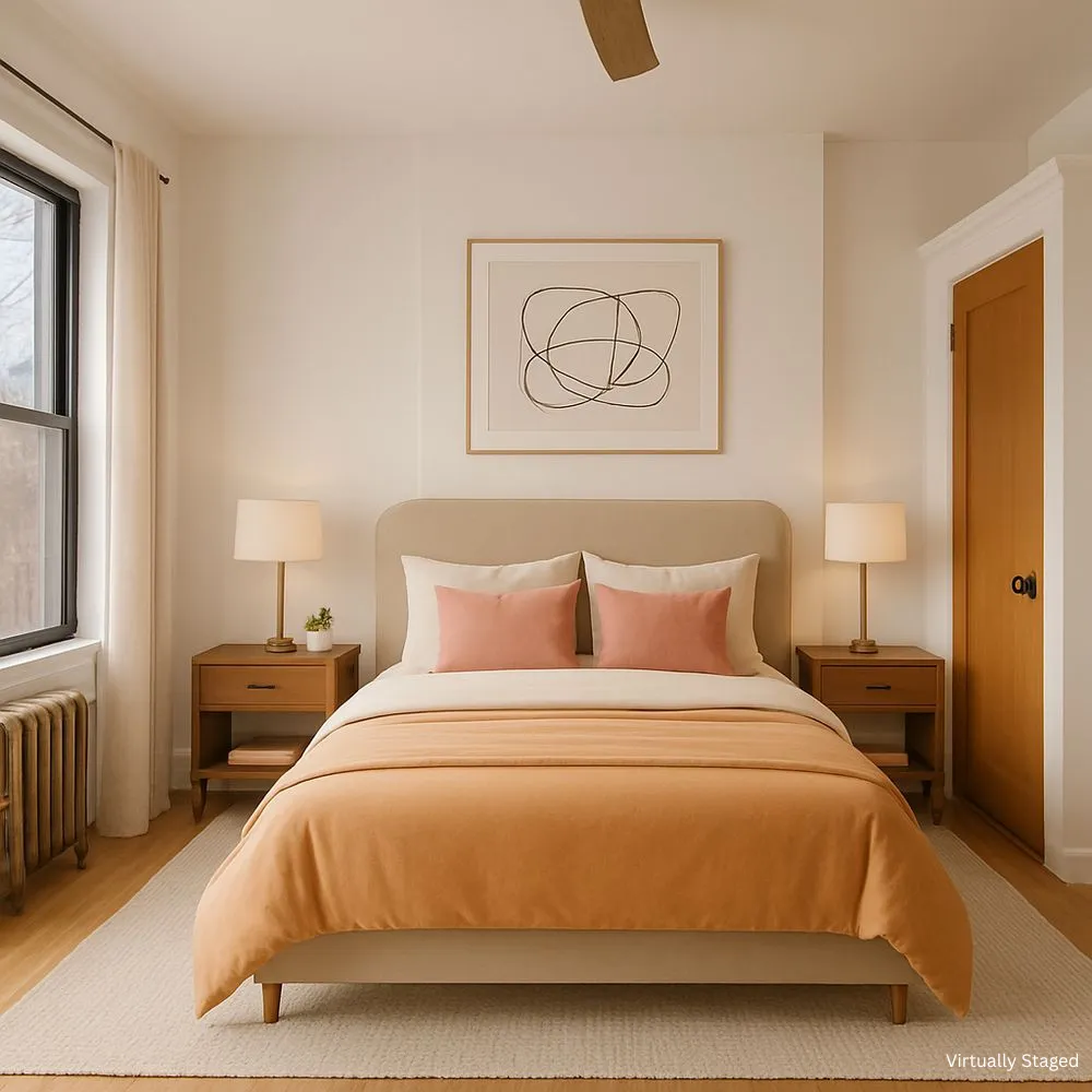 a bedroom with a bed and painting on the wall