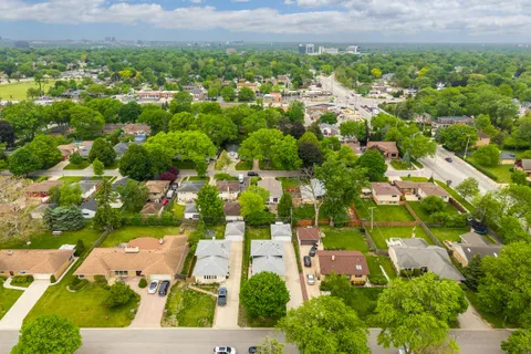 an aerial view of residential houses with outdoor space and trees