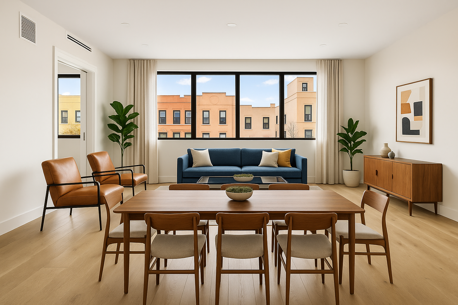 a view of a dining room with furniture and wooden floor