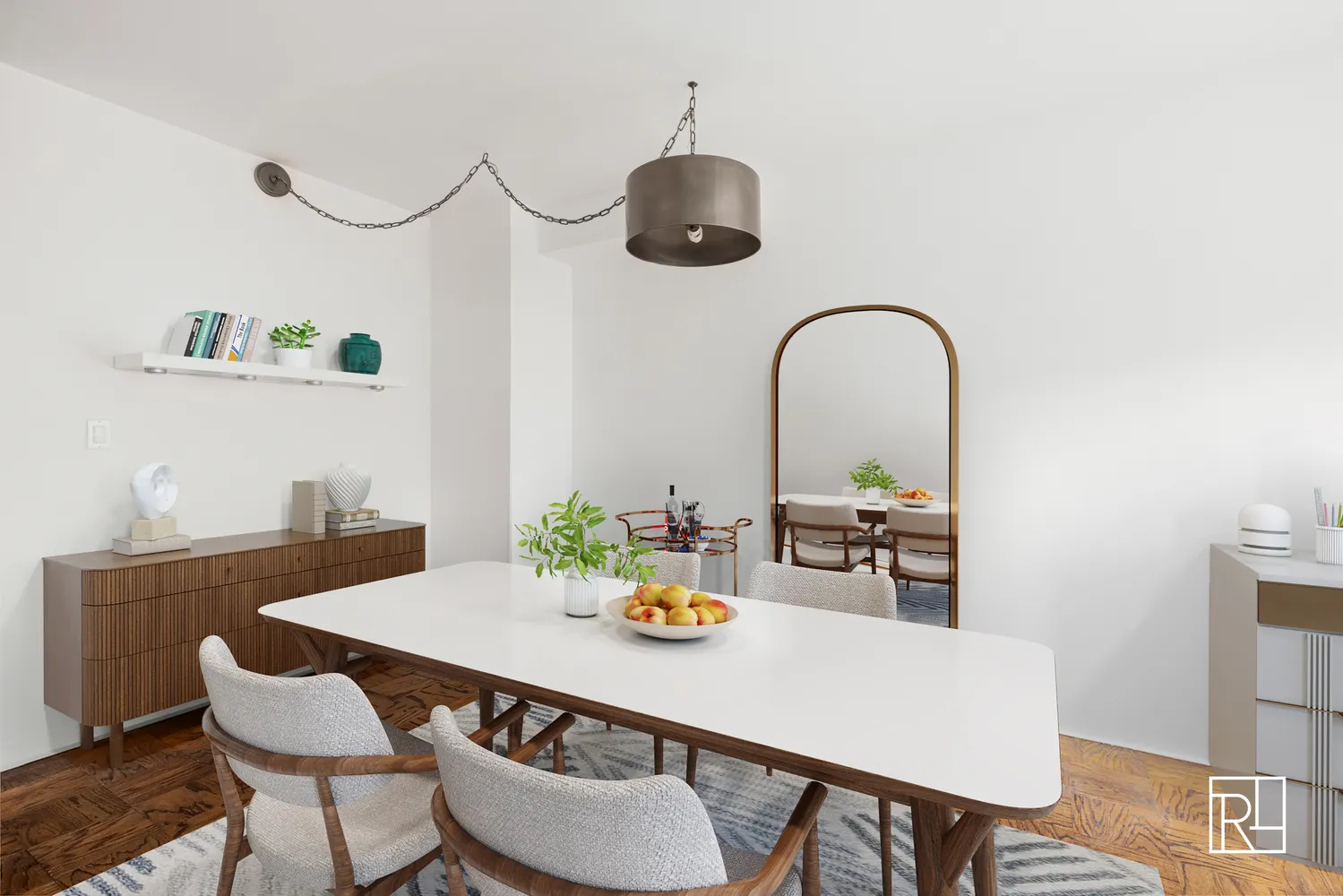 a dining room with furniture and window