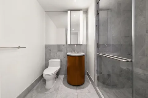 a bathroom with a toilet and a shower