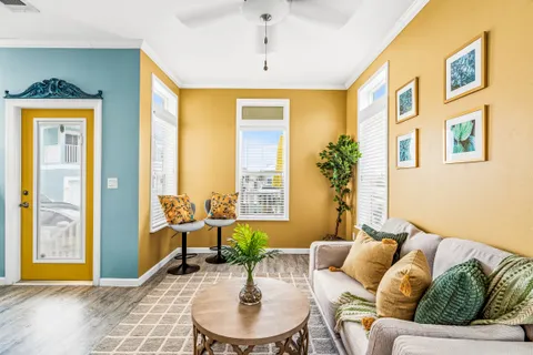 a living room with furniture and a potted plant