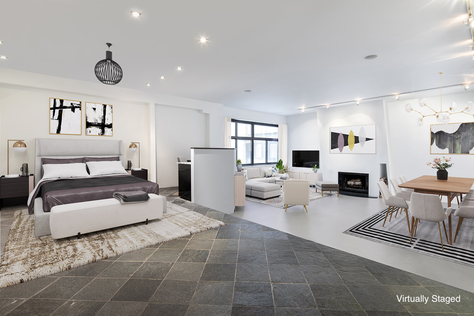 a bedroom with furniture a fireplace and white walls