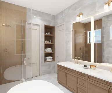 a bathroom with a tub sink and mirror