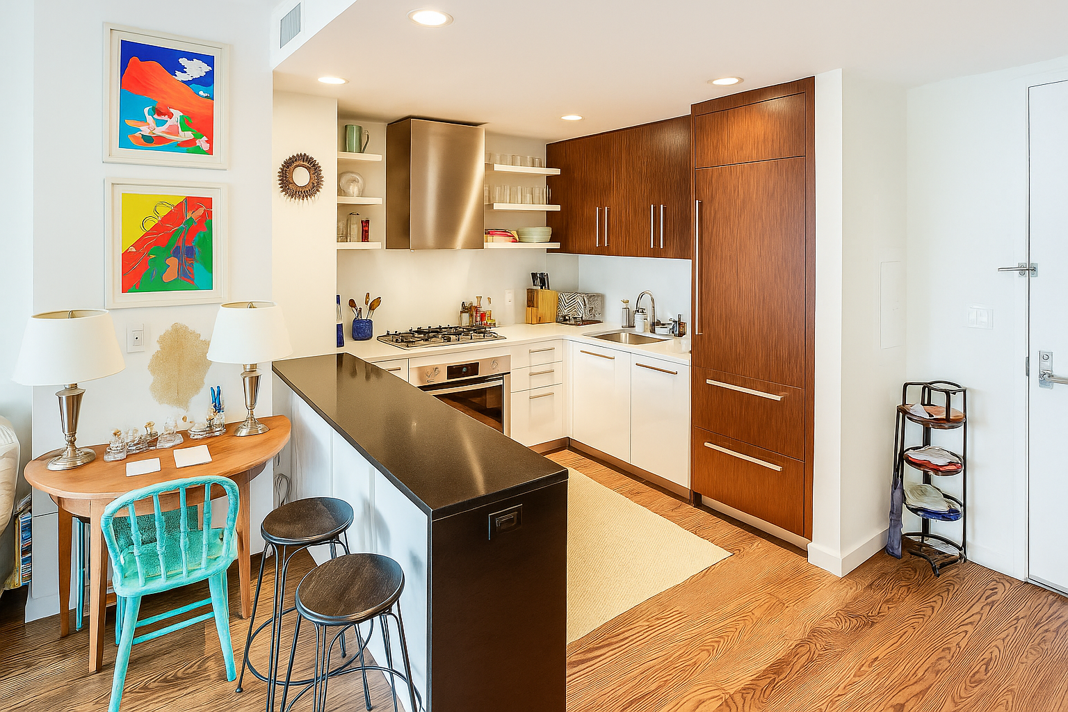 133 West 22nd Street, Unit 6L Manhattan, NY 10011 - Photo 2 of 11 a kitchen with stainless steel appliances granite countertop a stove a refrigerator and a dining table