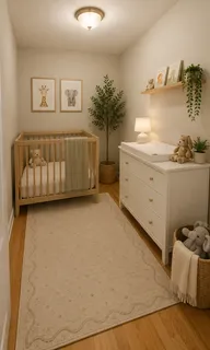 a view of a hallway with white walls and chandelier
