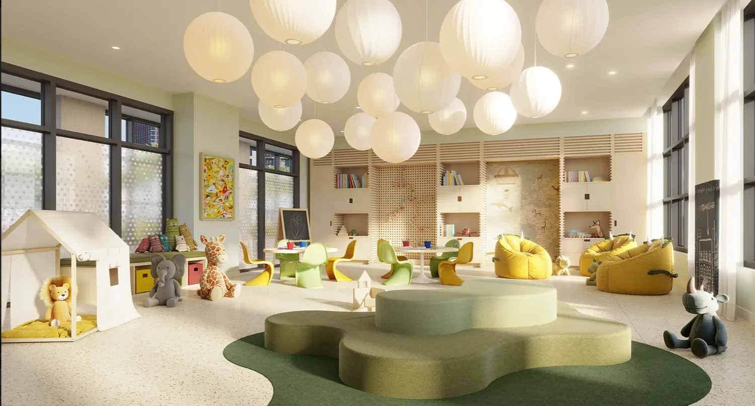 a large white kitchen with a large window and furniture