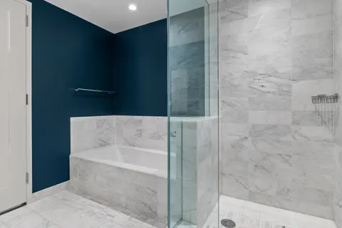 a bathroom with a bathtub and shower